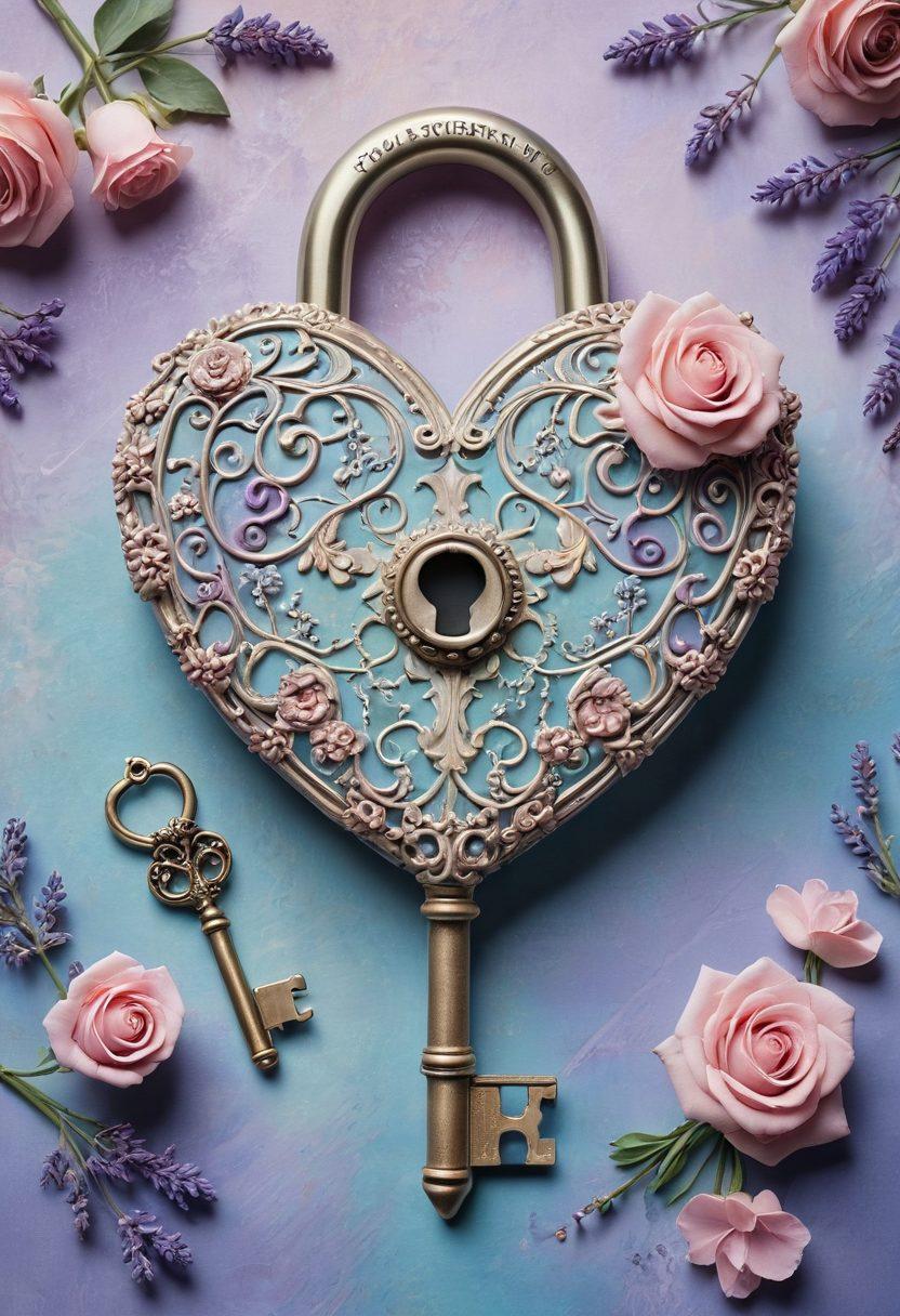 A heart-shaped key unlocking a vintage ornate lock, surrounded by romantic symbols like roses, love letters, and matching pairs of silhouettes. The background features soft, dreamy pastel colors to evoke feelings of love and connection. Subtle sparkles and light flares add a magical touch, representing hope and new beginnings. super-realistic. vibrant colors. dreamy pastel background.