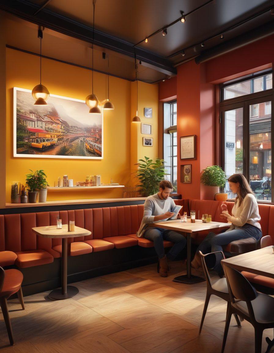 A contemporary scene depicting a diverse group of individuals in a vibrant café, engaging in conversations and using smartphones. In the background, a digital map showcasing dating hotspots and strategies is subtly visible. Soft lighting highlights the warmth of human connection, with hints of technology blended harmoniously. The image embodies the theme of love and modernity, infused with a sense of hope and interaction. super-realistic. vibrant colors. 3D.